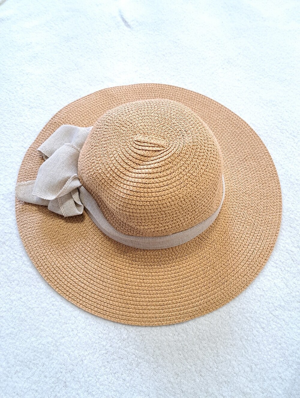 Womens Straw Flip Up Floppy Hat Beige Tie Bow Summer Sun Hat Beach Vacation Pool